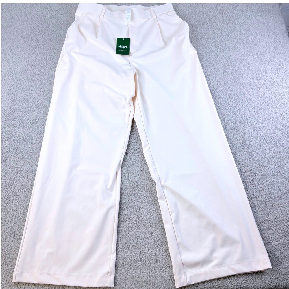 Halara Wide Leg Trousers Women M Cream High Waisted Pleated Stretch Workwear NWT